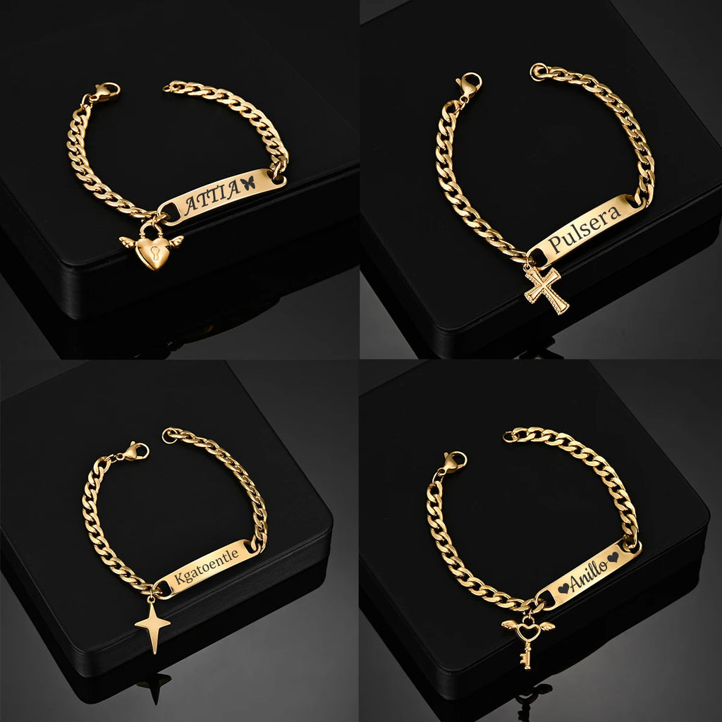 Engrave Name Cross Heart Bracelet - Adjustable Cuban Chain - SHOPPERS' CASTLE
