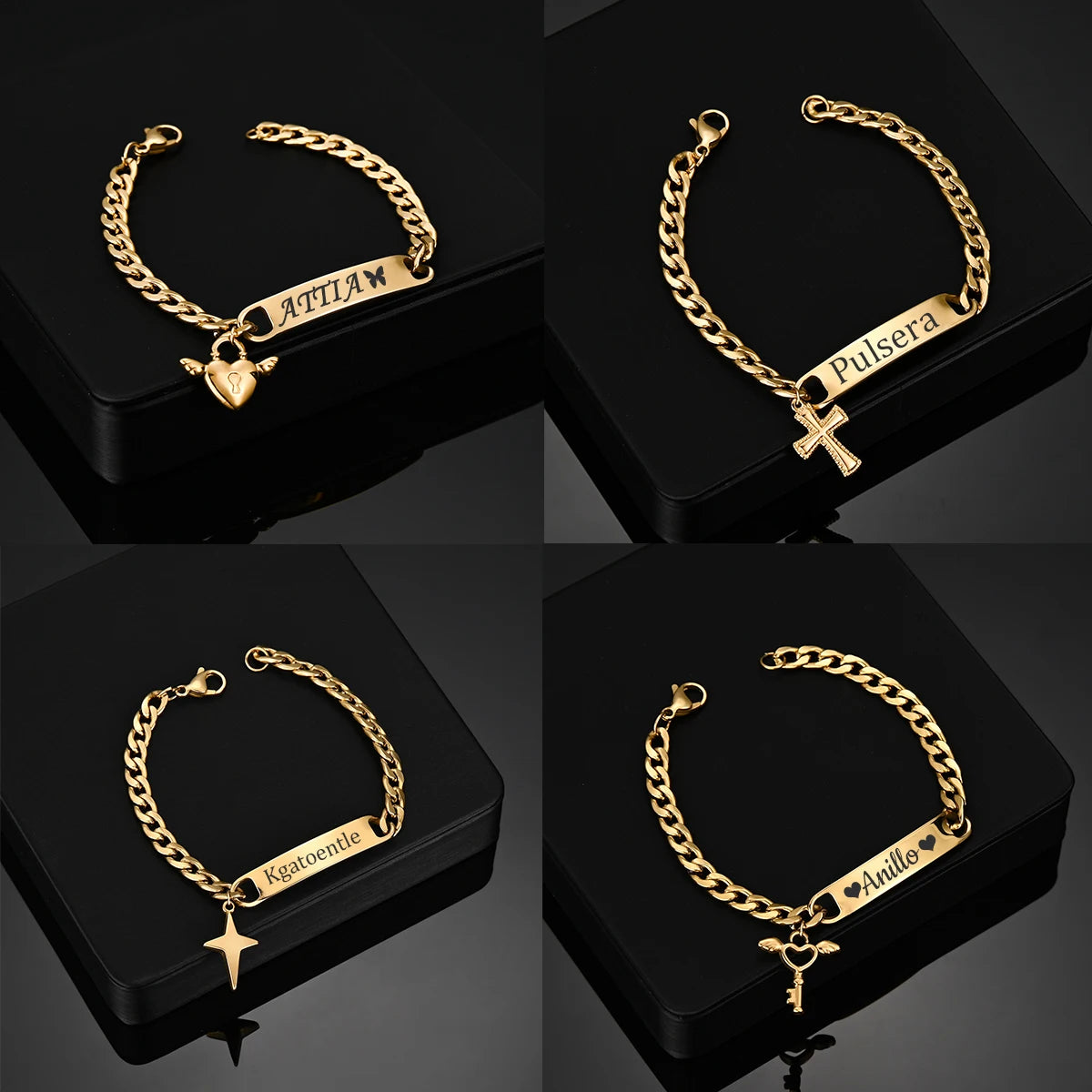 Engrave Name Cross Heart Bracelet - Adjustable Cuban Chain - SHOPPERS' CASTLE