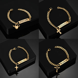 Engrave Name Cross Heart Bracelet - Adjustable Cuban Chain - SHOPPERS' CASTLE