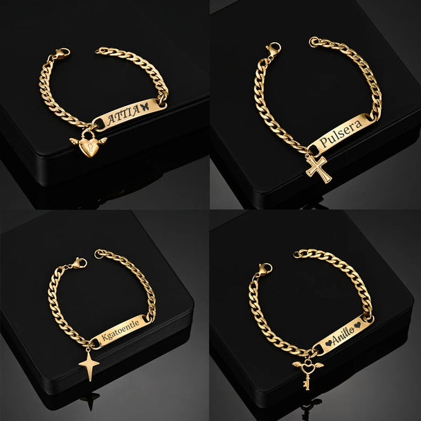 Engrave Name Cross Heart Bracelet - Adjustable Cuban Chain - SHOPPERS' CASTLE