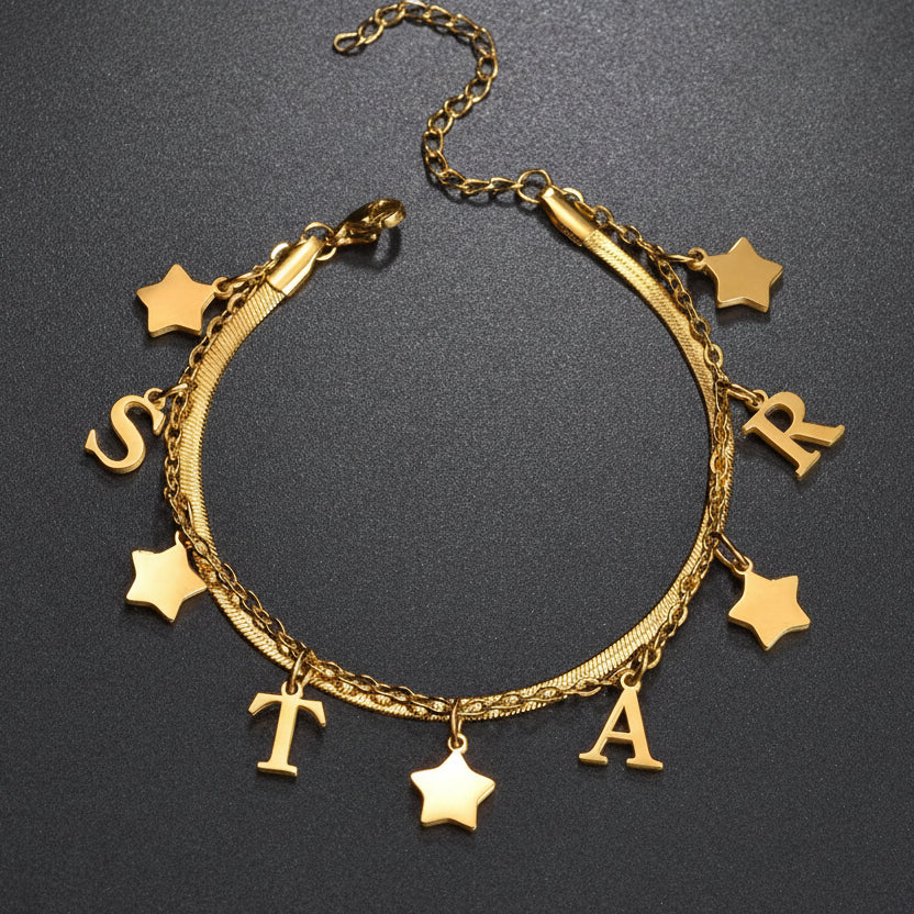 Personalized Name Bracelet - 2 Layer with Star Charms - SHOPPERS' CASTLE