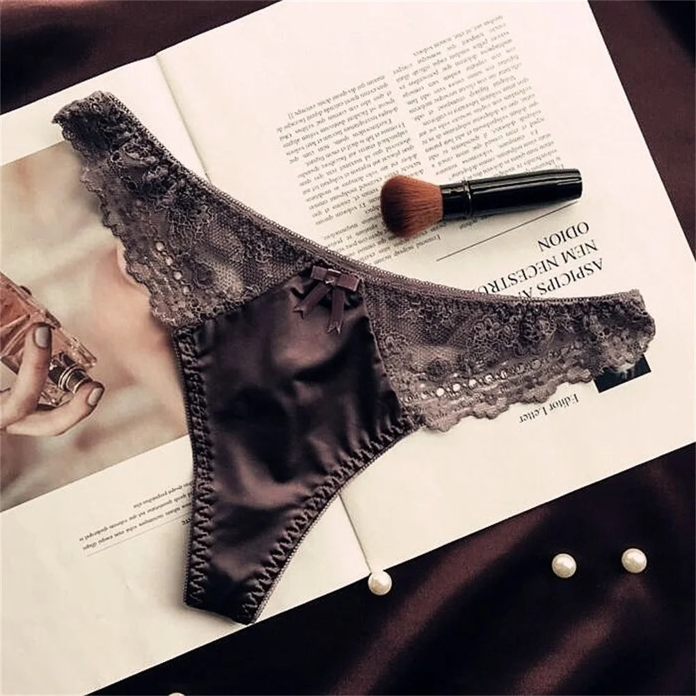 Hollow Lace Sexy Glossy Satin Silk Smooth Thong Women Sexy Low Waist G-string Underwear Bow Seamless Lingerie - SHOPPERS' CASTLE