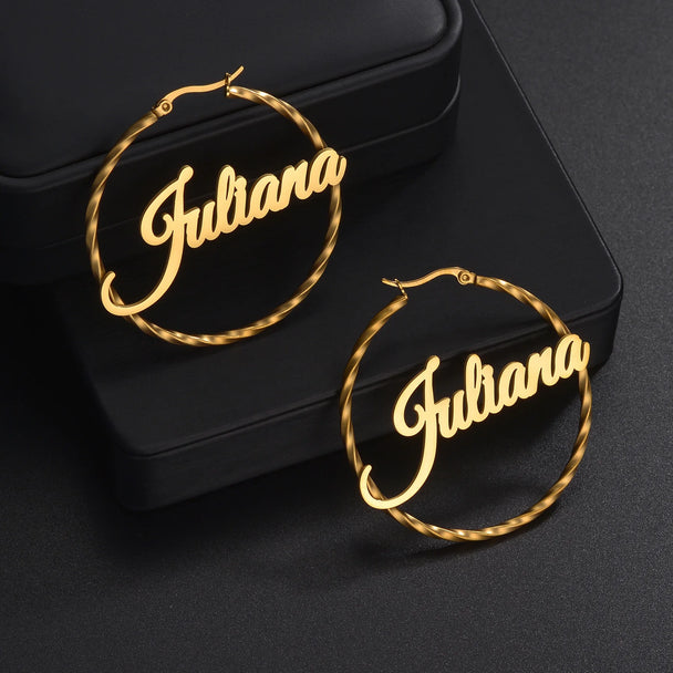 Custom Name Twisted Wire Hoop Earrings - Stainless Steel - SHOPPERS' CASTLE