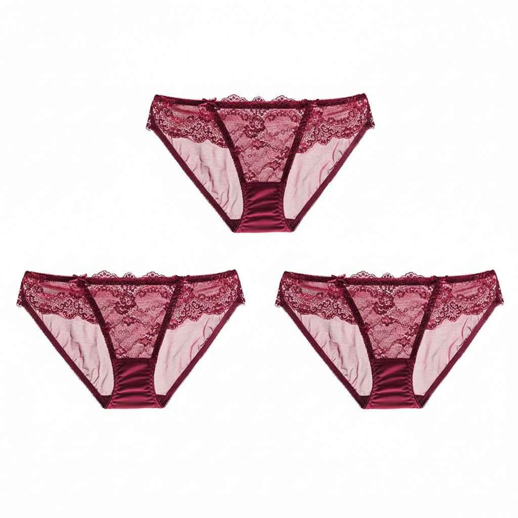 Embroidered Lace Brief Trio - Beige, Black & Burgundy