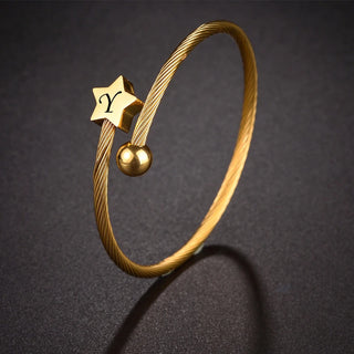 Engrave Name Date Wire Bracelet - Heart & Star Open Bangle - SHOPPERS' CASTLE