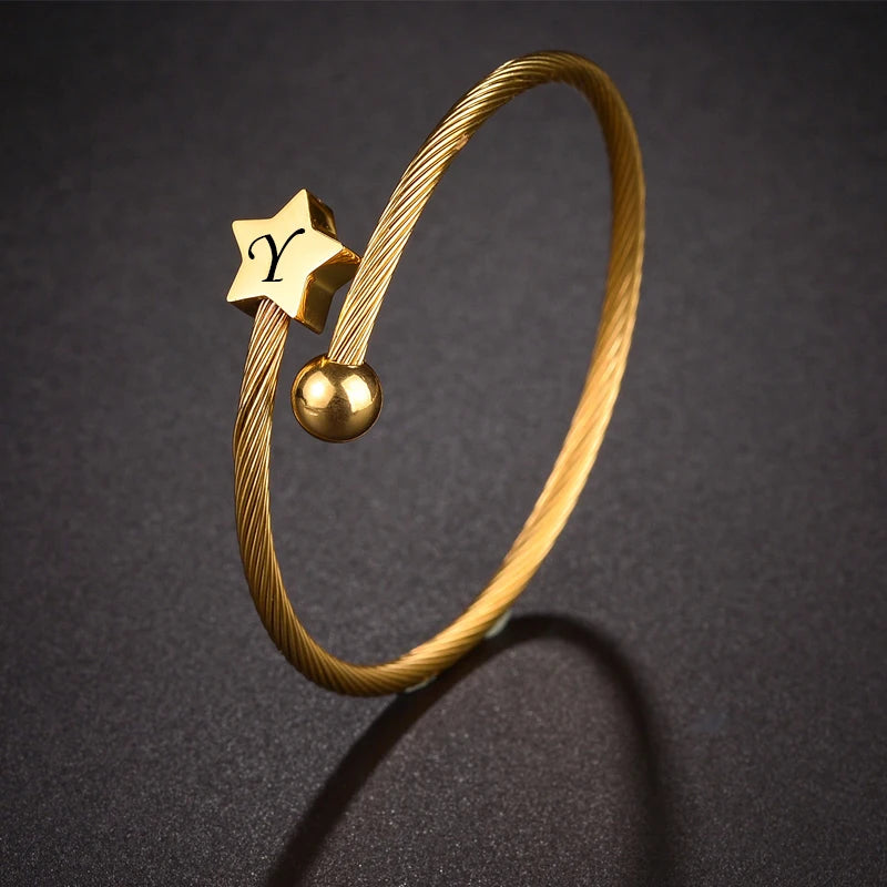 Engrave Name Date Wire Bracelet - Heart & Star Open Bangle - SHOPPERS' CASTLE