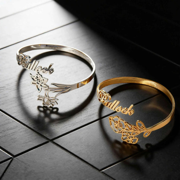 Custom Name Flower Letter Bangle - For Women, Men & Kids