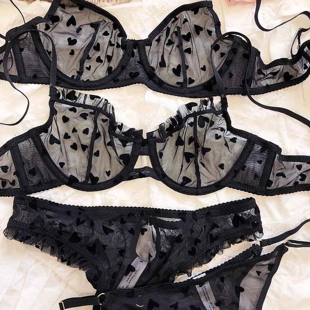 Ultra-Thin Transparent Push-Up Bra & Thong Set with Hearts