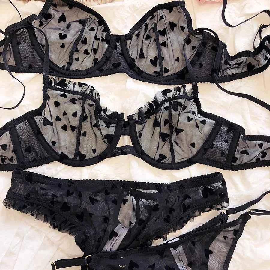 Ultra-Thin Transparent Push-Up Bra & Thong Set with Hearts