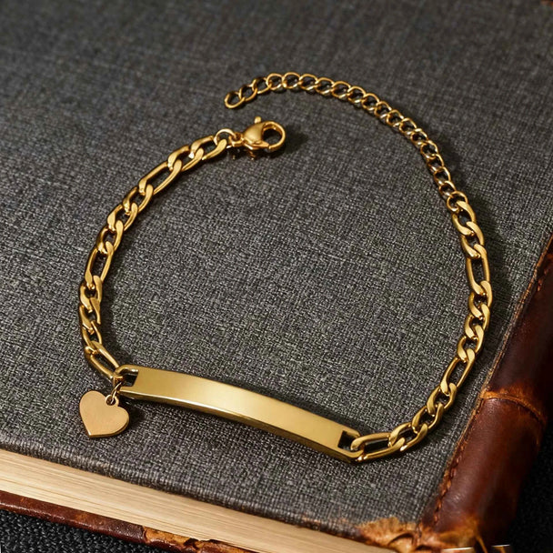 Engrave Name Heart Figaro Chain Bracelet - Adjustable