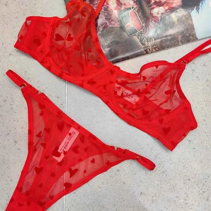 Ultra-Thin Transparent Push-Up Bra & Thong Set with Hearts