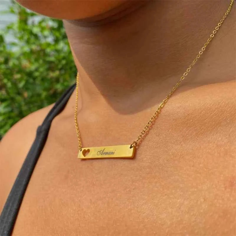Custom Name Bar Heart Nameplate Choker - Statement Necklace