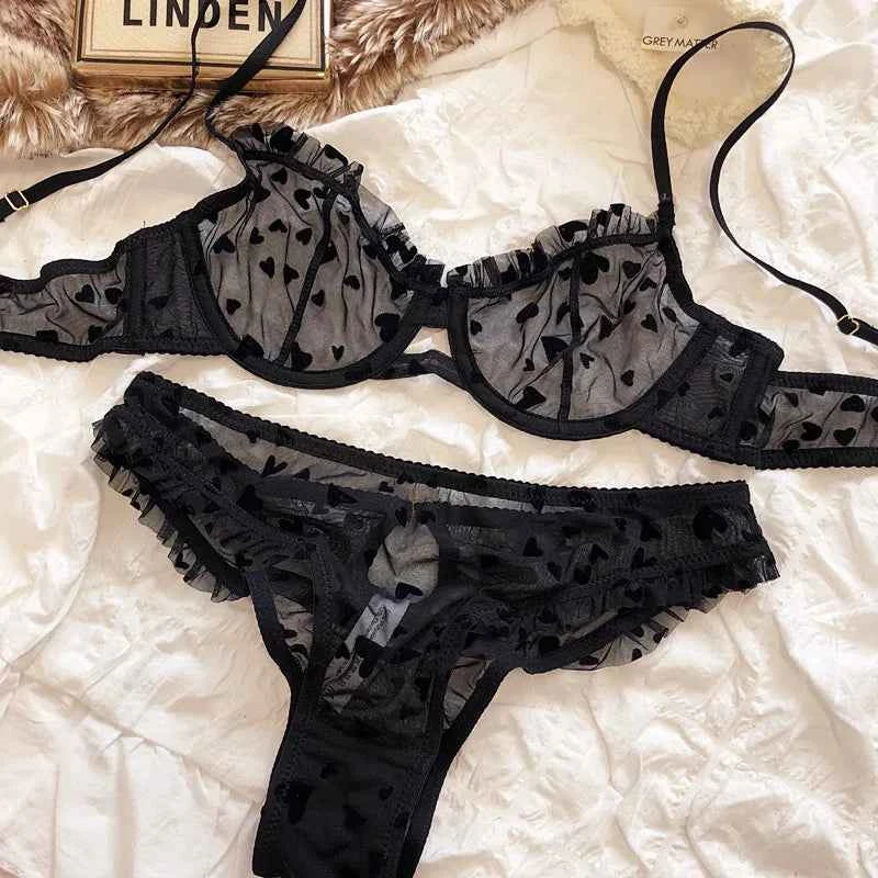 Ultra-Thin Transparent Push-Up Bra & Thong Set with Hearts