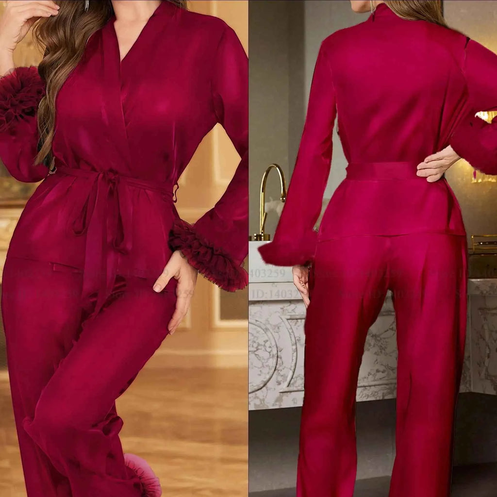 Striped Lace Trim Satin Pajama Set - SHOPPERS' CASTLE