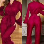Striped Lace Trim Satin Pajama Set - SHOPPERS' CASTLE