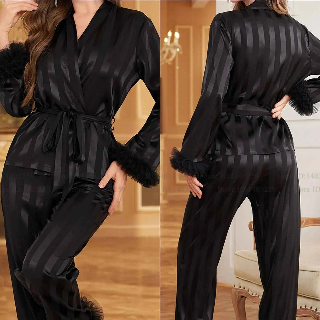 Striped Lace Trim Satin Pajama Set - SHOPPERS' CASTLE