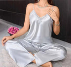 Lace Trim Suspender Trouser Pajama Set - SHOPPERS' CASTLE