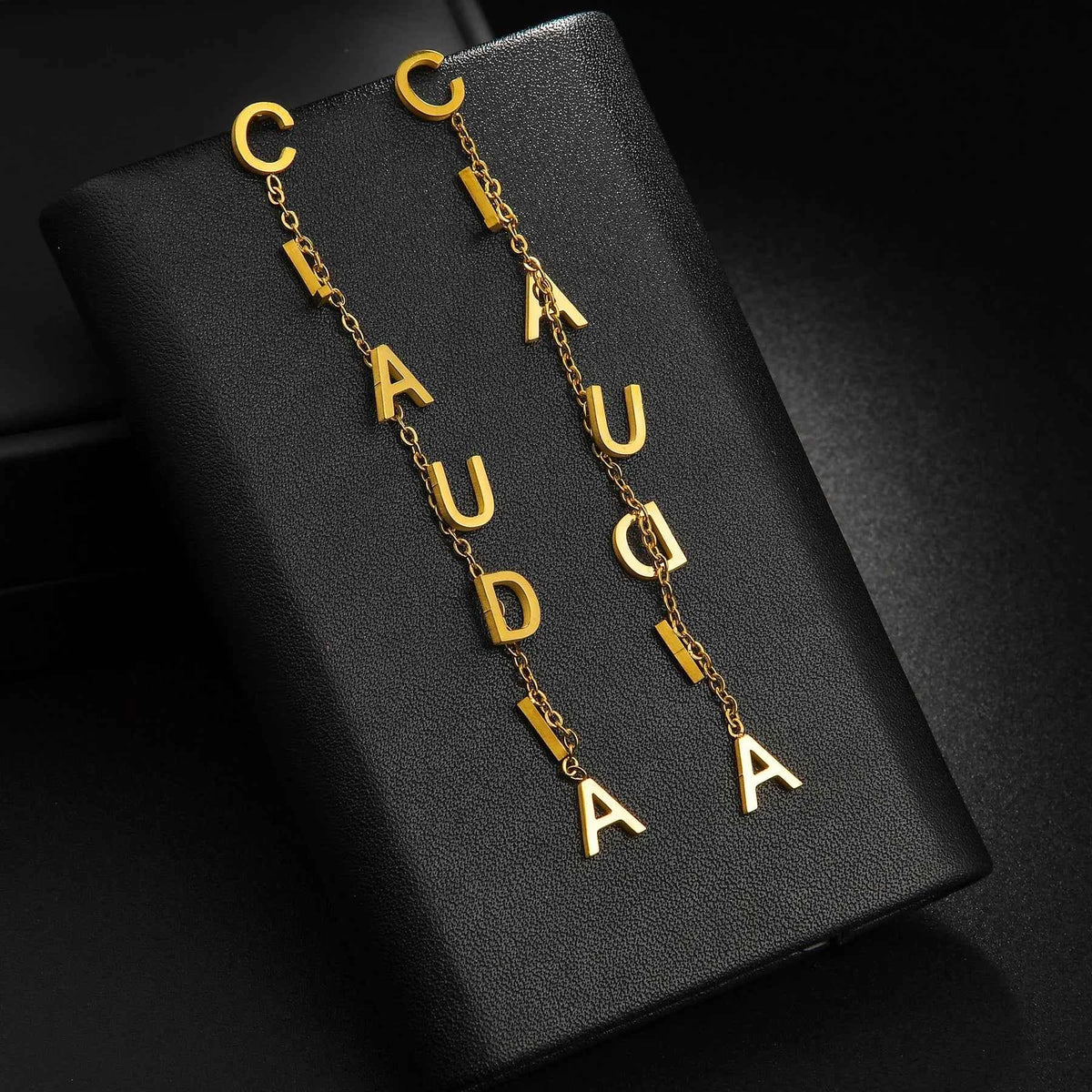 Custom Name Stud Earrings with Chain - Star & Heart