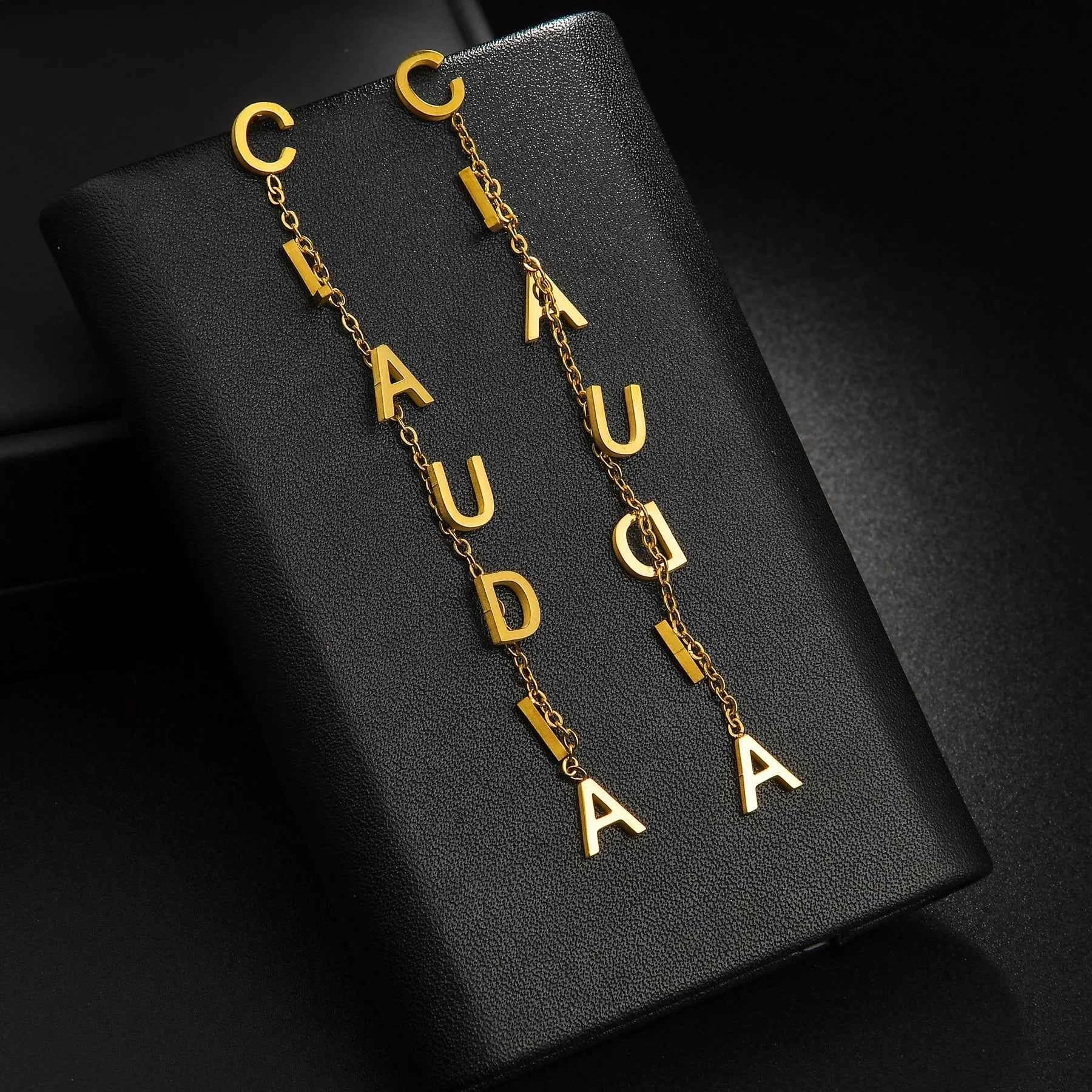 Custom Name Stud Earrings with Chain - Star & Heart