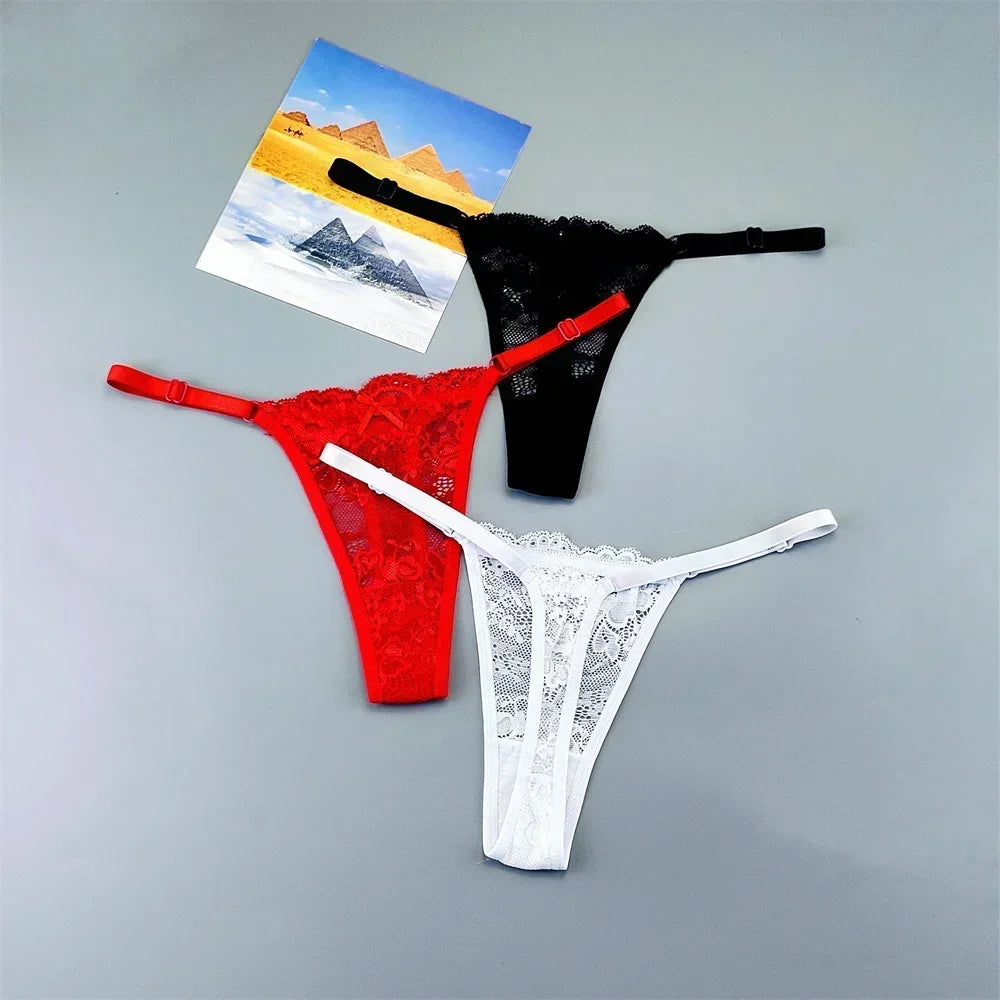3PCS Adjustable Sexy Transparent Thong Panties Women Lace Underwear Low Waist Female T-back String Underpants - SHOPPERS' CASTLE
