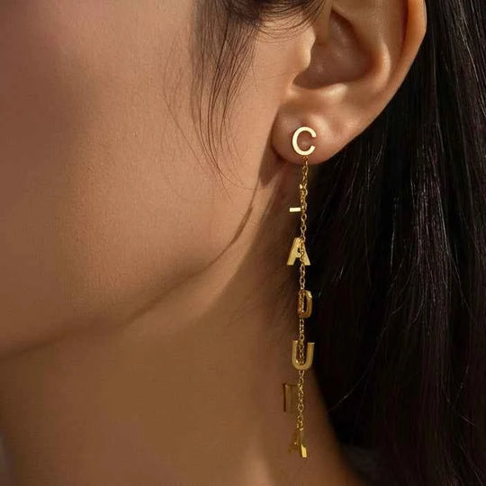 Custom Name Stud Earrings with Chain - Star & Heart