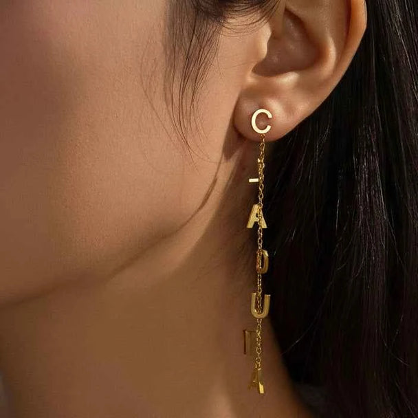 Custom Name Stud Earrings with Chain - Star & Heart