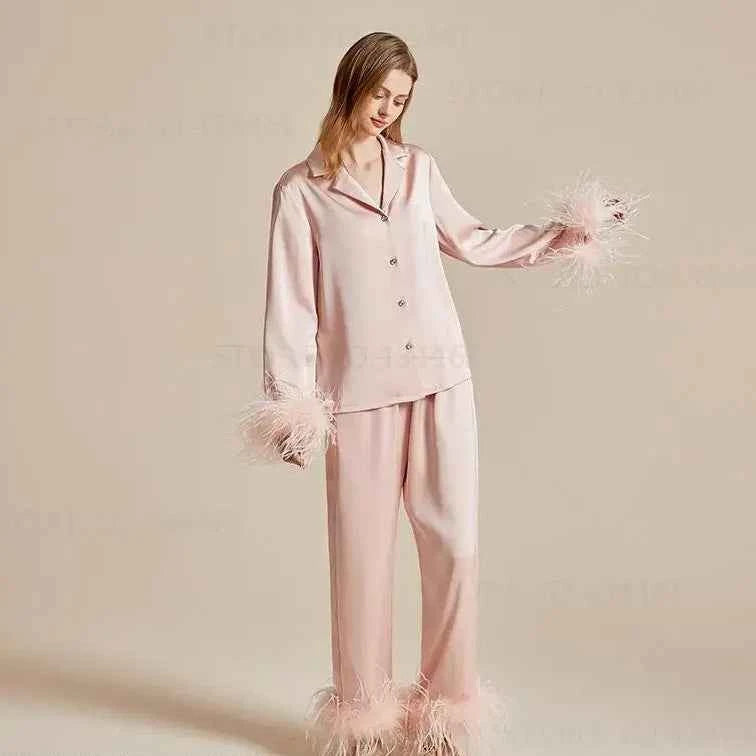 Feather Elegance Satin Sleepwear - 2-Piece Luxury Set - SHOPPERS' CASTLE