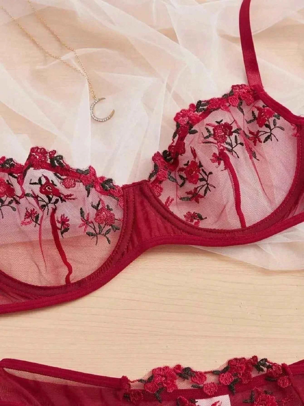 Floral Embroidery Transparent Lingerie Set