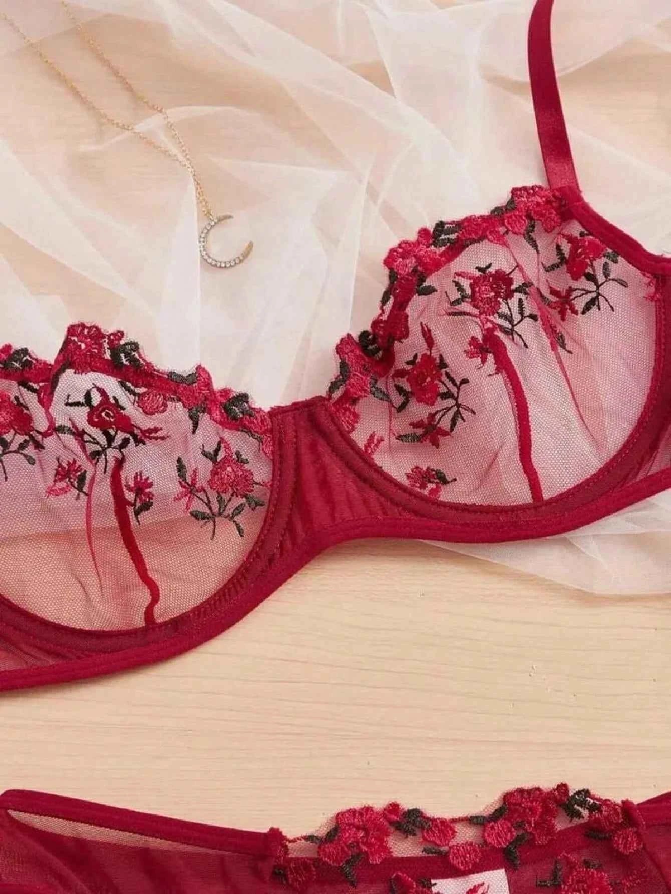 Floral Embroidery Transparent Lingerie Set