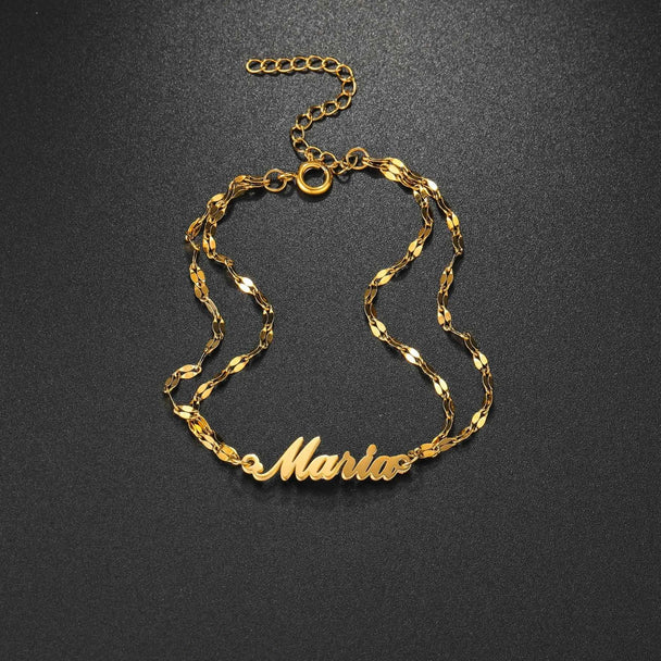 Personalized Name Thick Foot Chain Anklet - Heart Charms