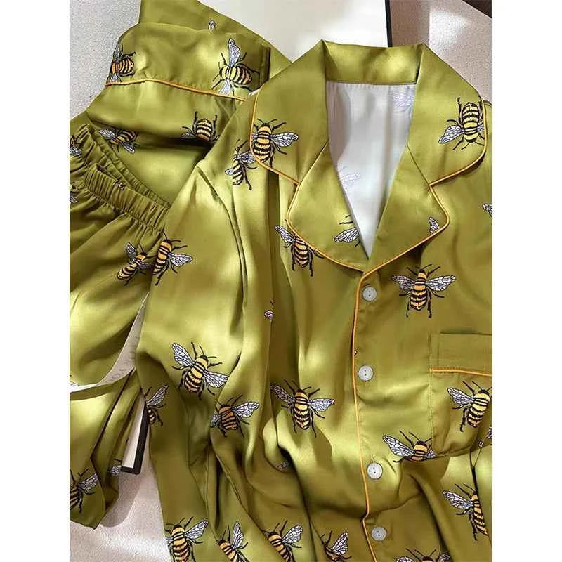 Printed Satin Pajama Set with Pockets - SHOPPERS' CASTLE