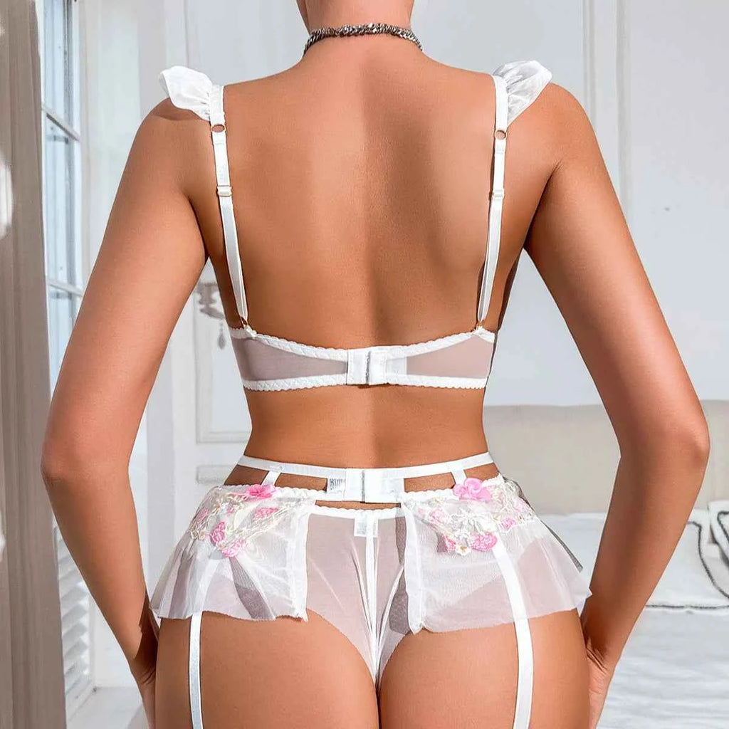 4-Piece Ultra-Thin Lace Floral Embroidery Set with Garter & Leg Straps