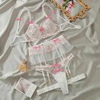 4-Piece Ultra-Thin Lace Floral Embroidery Set with Garter & Leg Straps
