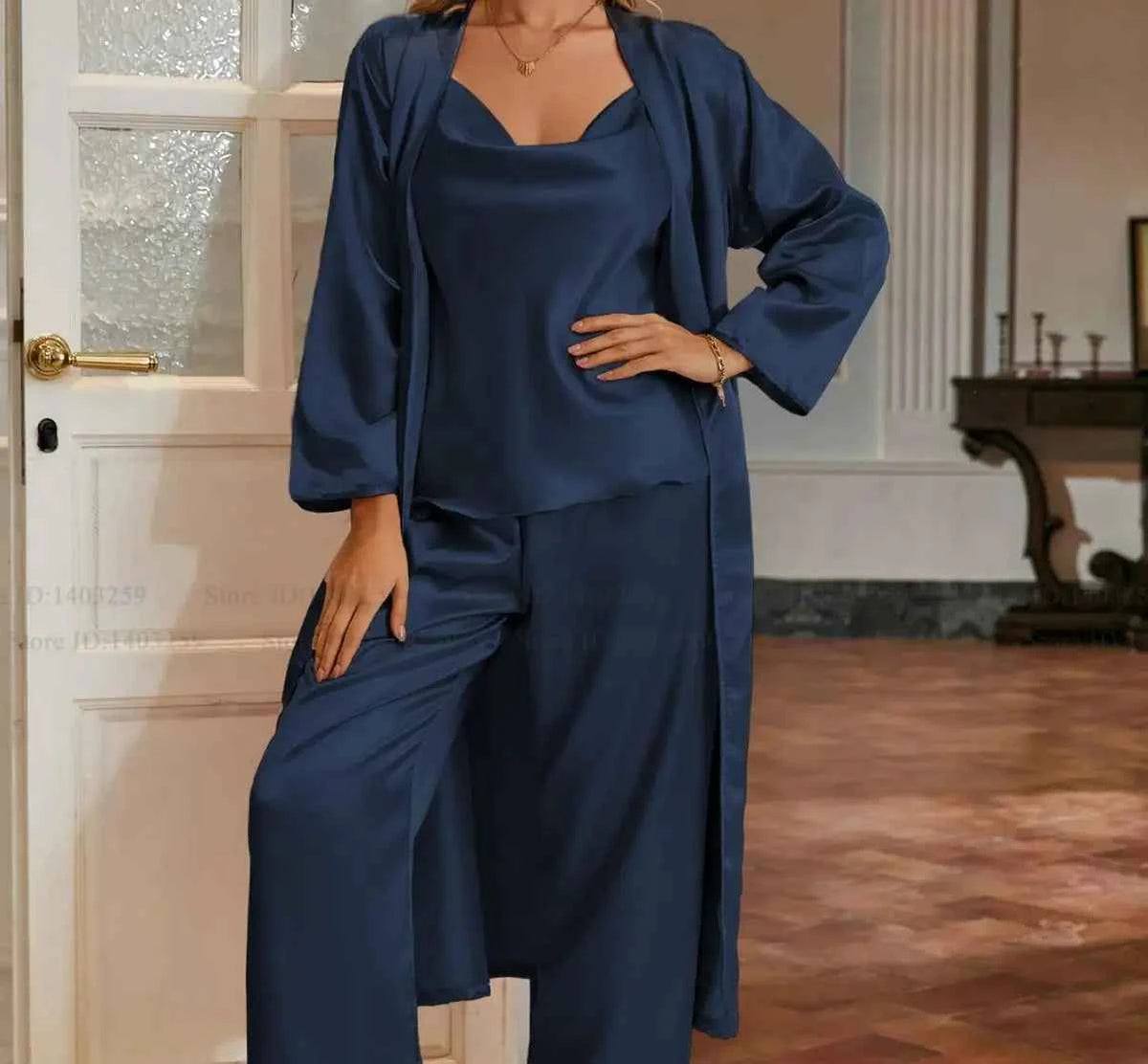 3-Piece Robe Pajama Set with Long Robe - SHOPPERS' CASTLE