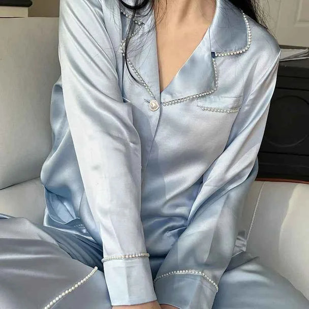 100% Mulberry Silk V-Neck Pajama Set - Long Sleeve Luxury Sleepwear