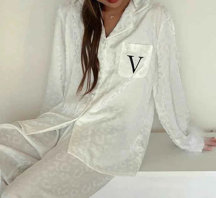 Luxury Feather Print Satin Pajama Set - SHOPPERS' CASTLE
