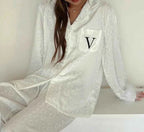 Luxury Feather Print Satin Pajama Set - SHOPPERS' CASTLE