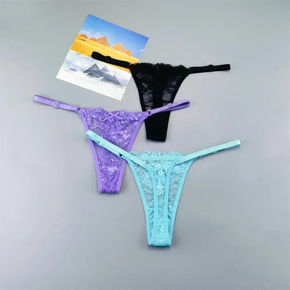 3PCS Adjustable Sexy Transparent Thong Panties Women Lace Underwear Low Waist Female T-back String Underpants - SHOPPERS' CASTLE