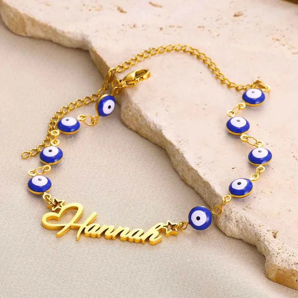 Custom Name Blue Devil's Eye Chain Bracelet - Handmade