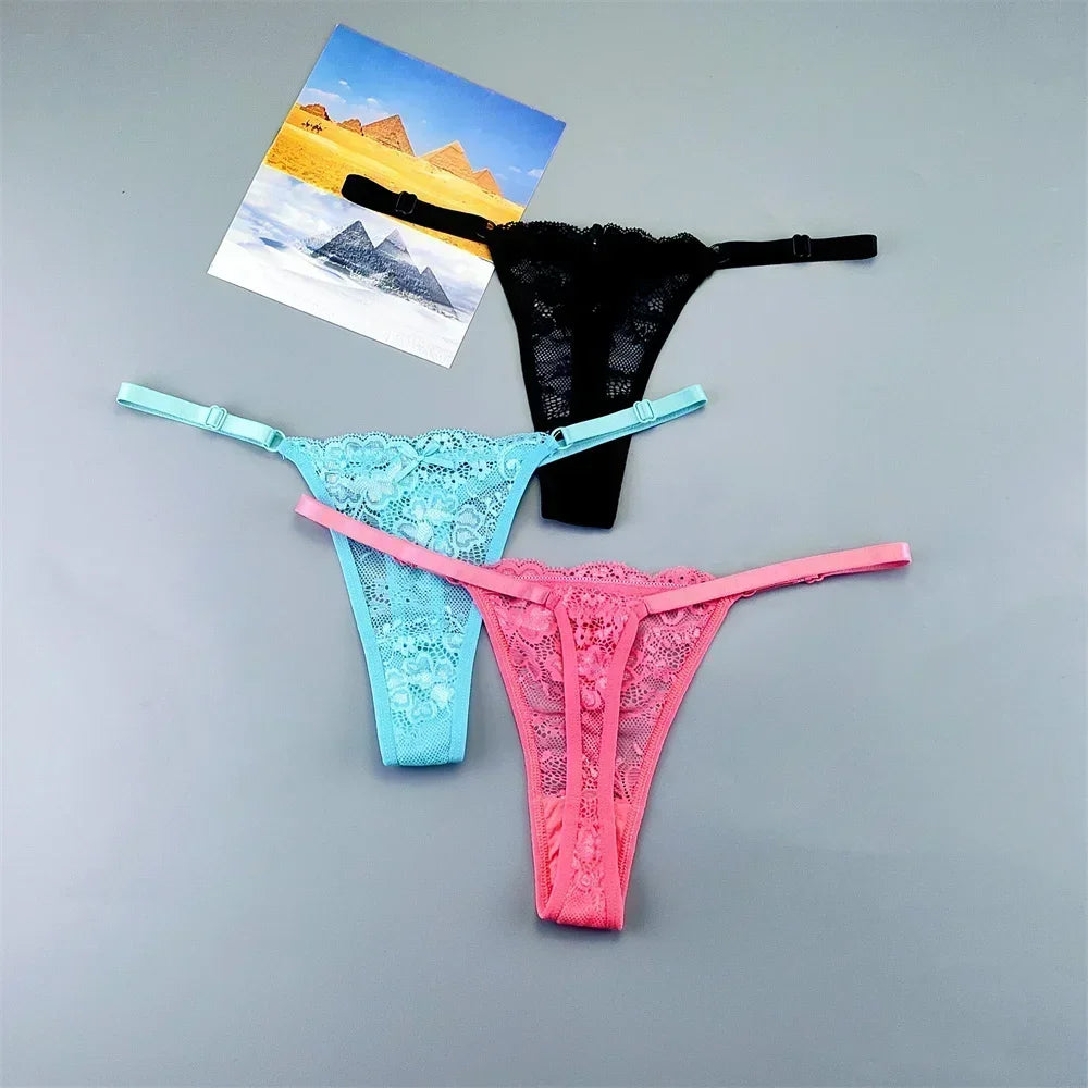 3PCS Adjustable Sexy Transparent Thong Panties Women Lace Underwear Low Waist Female T-back String Underpants - SHOPPERS' CASTLE