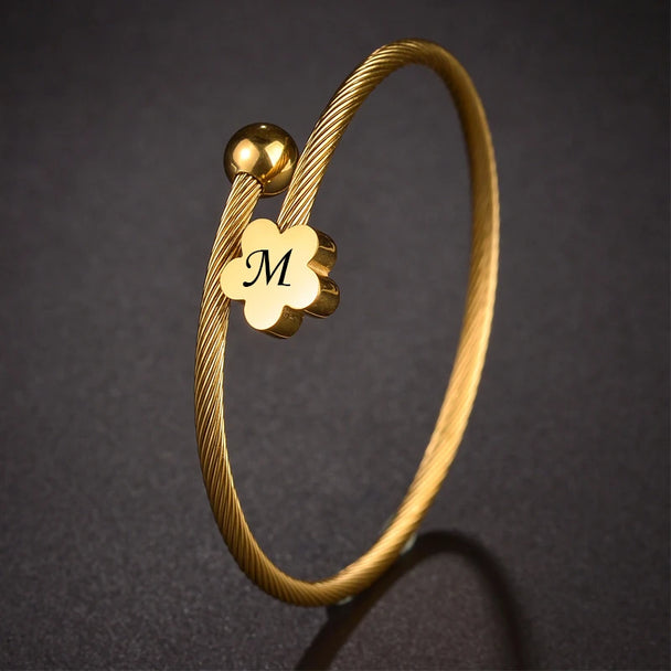 Engrave Name Date Wire Bracelet - Heart & Star Open Bangle - SHOPPERS' CASTLE