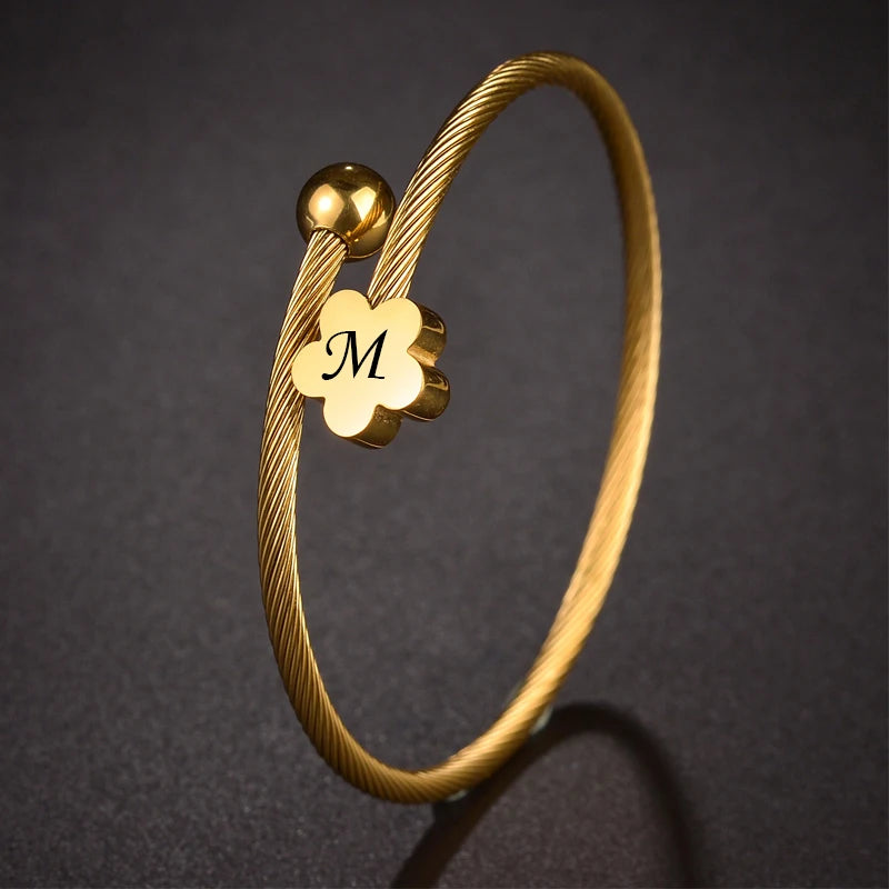 Engrave Name Date Wire Bracelet - Heart & Star Open Bangle - SHOPPERS' CASTLE