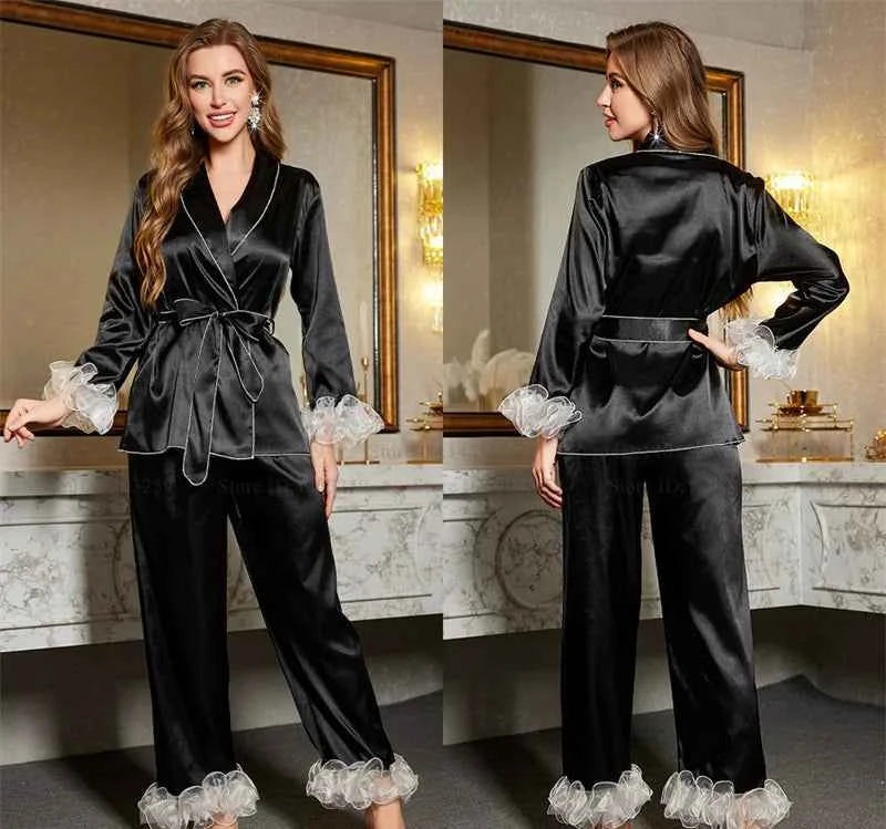 Striped Lace Trim Satin Pajama Set - SHOPPERS' CASTLE