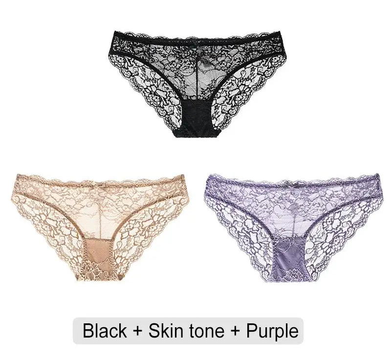 Embroidered Lace Brief Trio - Purple, Black & Beige - SHOPPERS' CASTLE