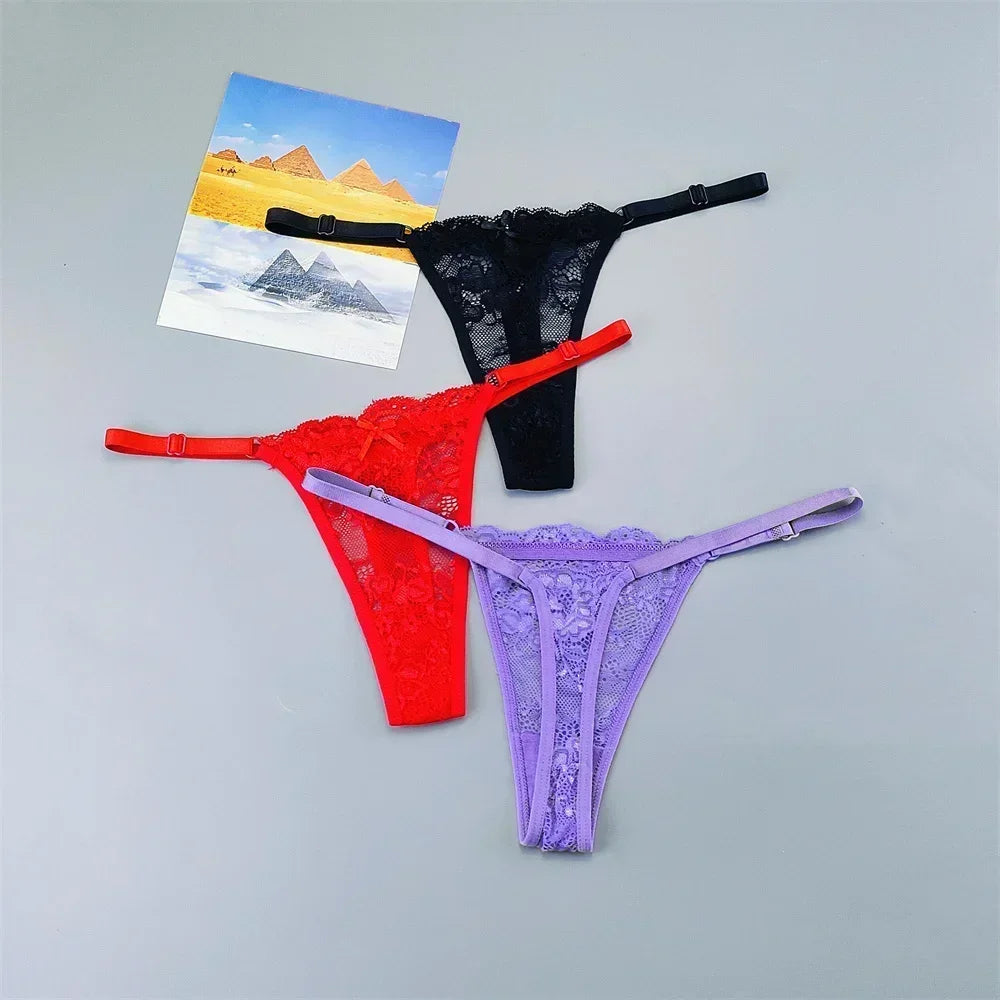 3PCS Adjustable Sexy Transparent Thong Panties Women Lace Underwear Low Waist Female T-back String Underpants - SHOPPERS' CASTLE
