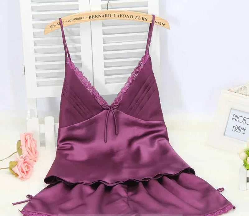 Lace Trim Suspender Pajama Set - SHOPPERS' CASTLE