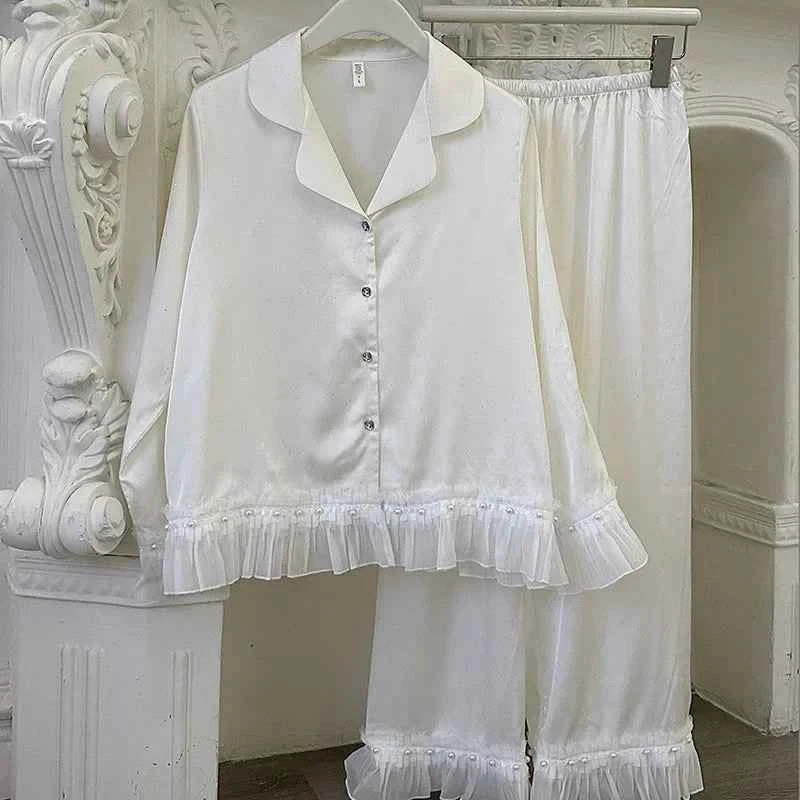 French Style Lace Trim Satin Pajama Set - SHOPPERS' CASTLE
