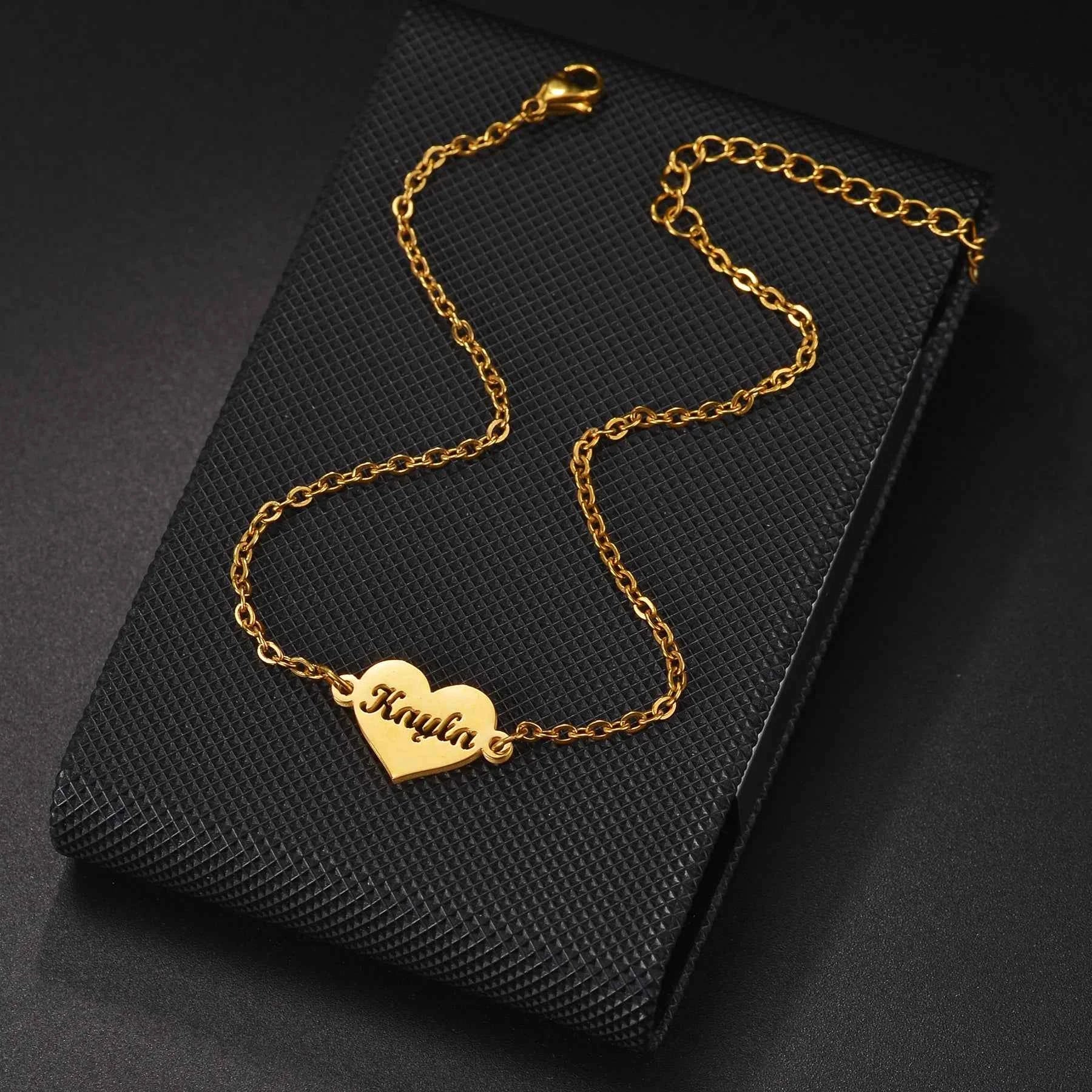 Personalized Name Thick Foot Chain Anklet - Heart Charms