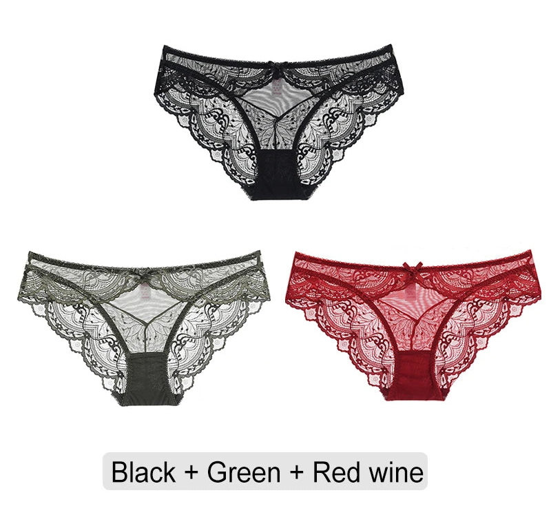 Embroidered Lace Brief Trio - White, Black & Green - SHOPPERS' CASTLE