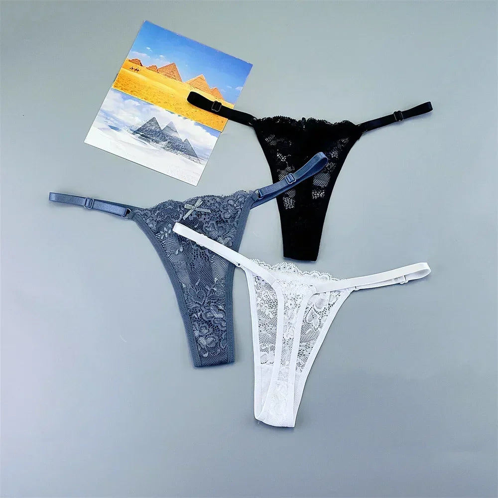 3PCS Adjustable Sexy Transparent Thong Panties Women Lace Underwear Low Waist Female T-back String Underpants - SHOPPERS' CASTLE